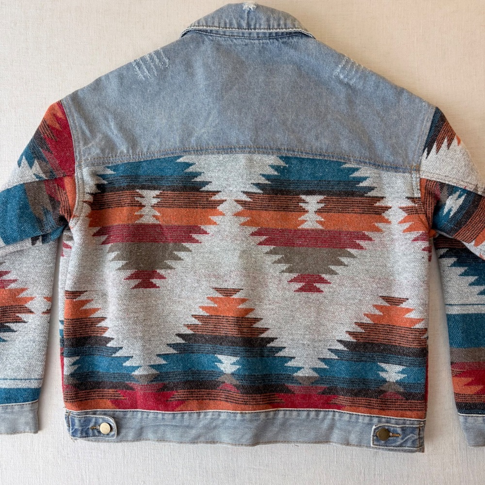 Polagram Aztec Tapestry Denim Jacket Oversized Southwestern Women Small Blue - Picture 9 of 11